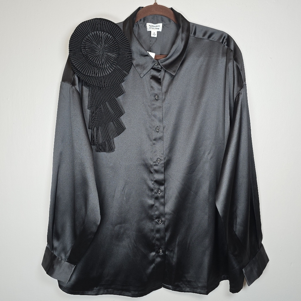 The Drop Women's Black Satin Floral Corsage Button Down Top Long Sleeve Classy
